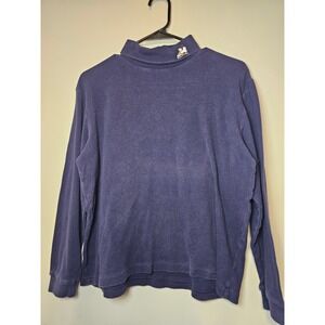 Basic Editions Holiday Navy Blue Mock Neck Ice Skate‎ Embroidered Cotton Top L